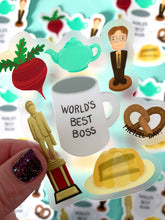 Load image into Gallery viewer, Mug, Stapler, and Beets Sticker Collage
